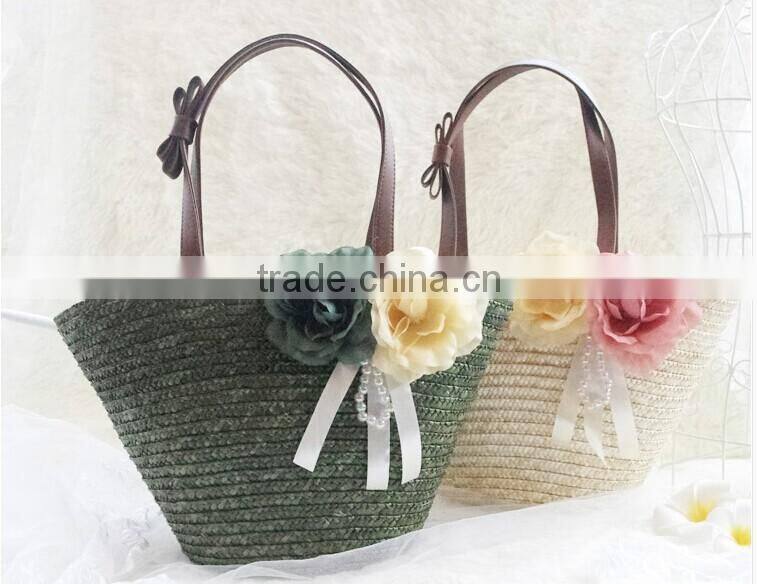 4 color wheat straw women tote beach bag with round handle big size bag and flower decoration