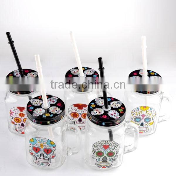 15.5oz Halloween skull color paper with lid straw with handle