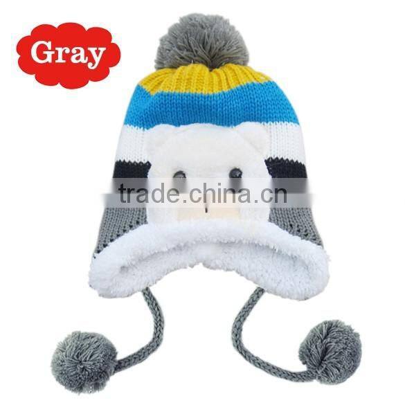 Crochet Baby Hat Stripe Pattern Cartoon Bear Design Thicken Kids Winter Caps