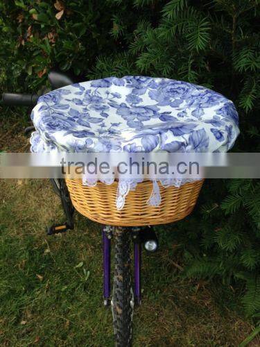 natural colored round wicker bicycle bike basket with floral cotton print lid & cover