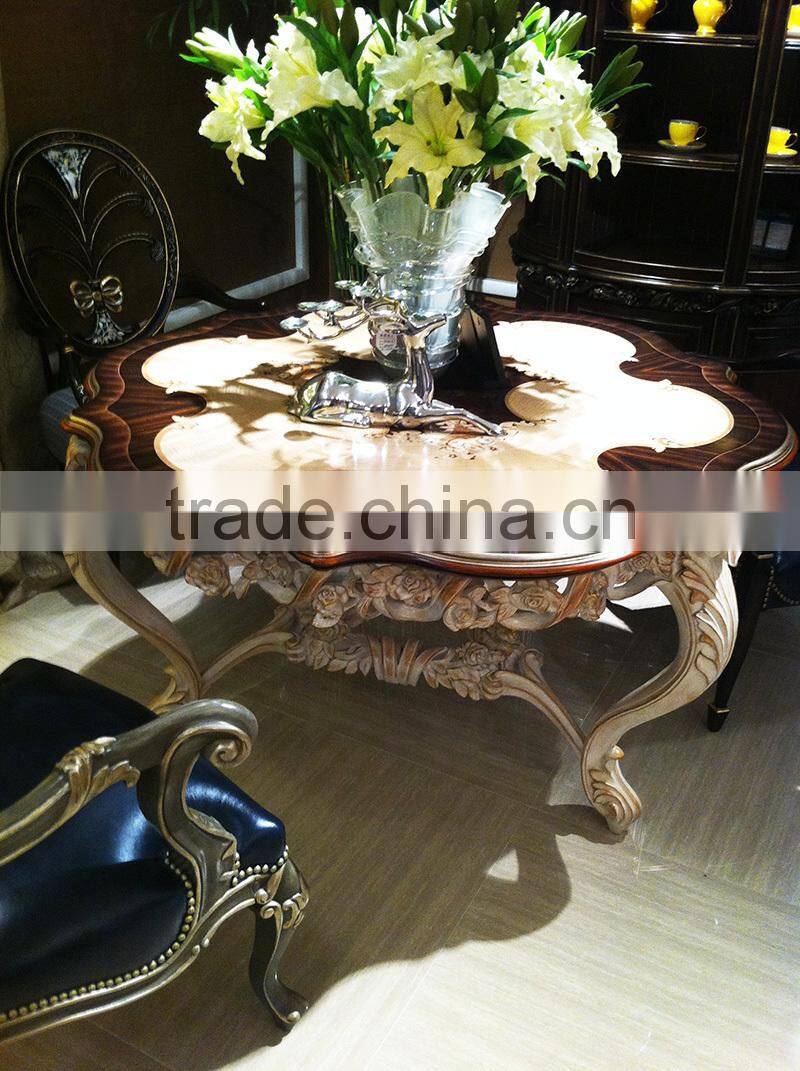 Elegant Stylish French Baroque Design Solid Wood Carving Floral Oval Coffee Table with Marquetry Inaly Table Top BF12-03284d