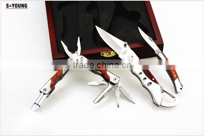 44061 high quality lockback knife set multi plier with wooden box