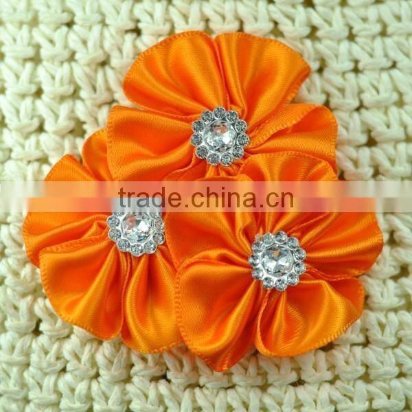 handmade satin flower with rhinestone center for kids hair accessories