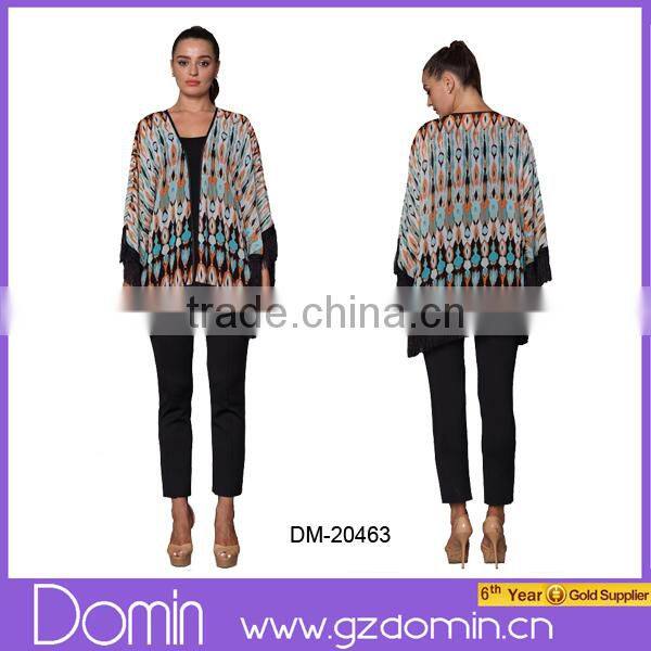 2015 New Satin Gowns Tassel Design Print Kimono Cardigan