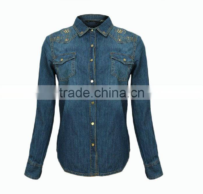 Top Fashion Perfect Cut Ladies Botton Open Denim Blouse with Long Slee