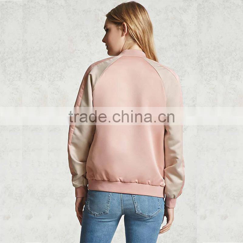 2017 Womens windproof satin contrast ribbed knit trim bomber jackets