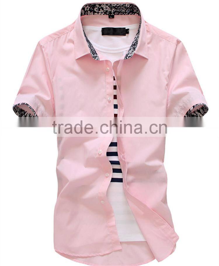 Slim light lake blue color short sleeve cotton men shirts