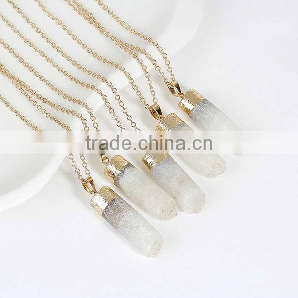 New Fashion Link Cable Chain Gold Plated Cylinder White Pendant Quartz Crystal Druzy Necklace