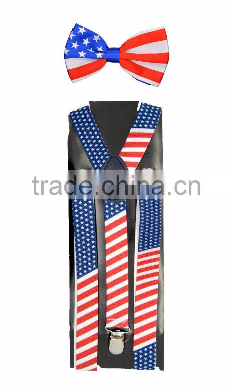 Men Women America USA Flag Braces Bowtie Set Adult Bow Tie & Suspender Set