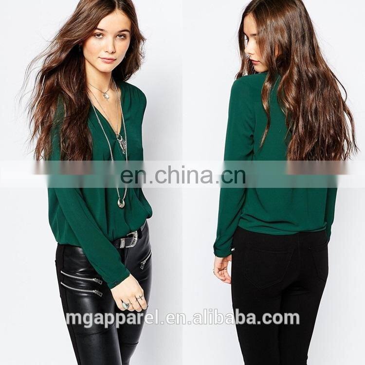 Latest fashion lady blouse design Stretch woven fabric V-neck blouses for women