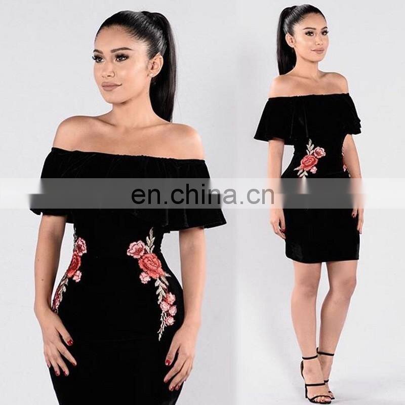 Amigo 2017 latst black off shoulder sexy bandage dress midi tube elegant embroidery evening dresses for girls party wear