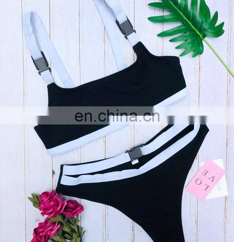 RST new fashion style ribbed high waist bikini custom logo bikinis 2020 women swimwear beachwear buckle swimwear