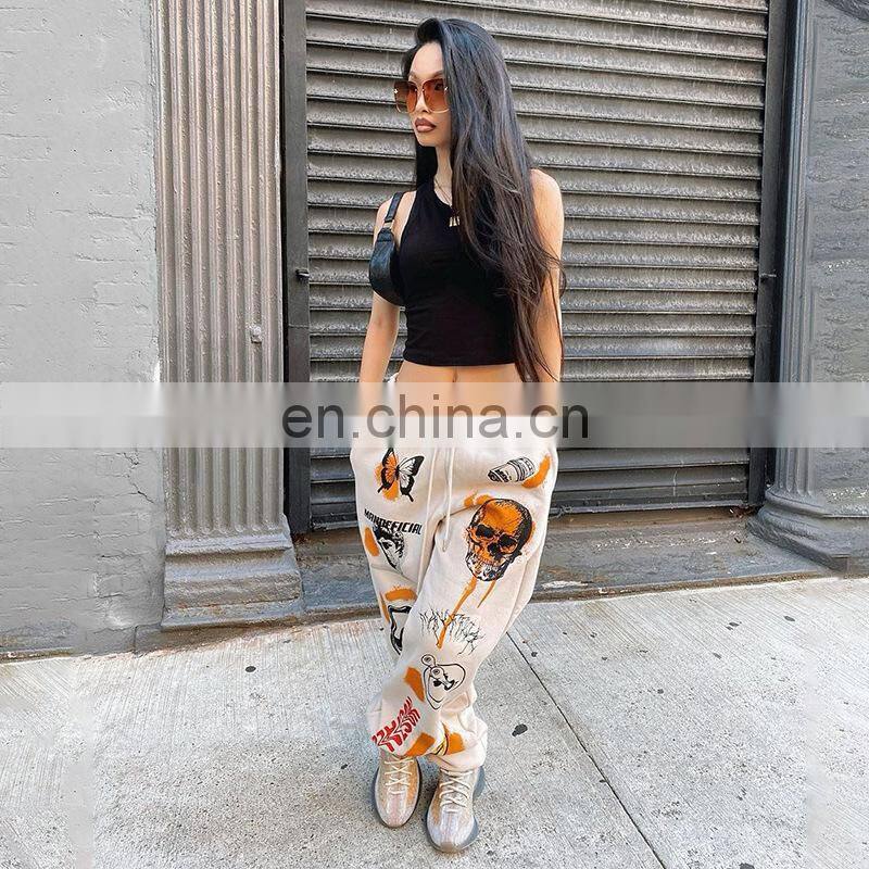 2021 autumn and winter new fashion street trend multi-pattern printing strap thick warm casual pants