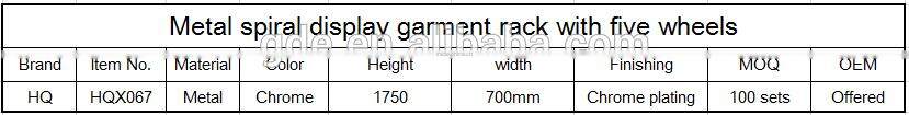 Metal spiral display garment rack with five wheels