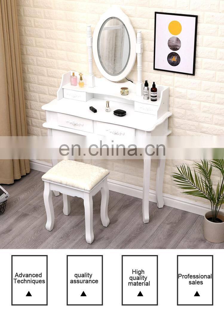 White 4 drawers touch dimmer led mirror dressing table with lighted mirror