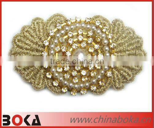 BOKA Fashion rhinstone and pearl golden embroidered appliques, beaded embroidered applique patch with golden yarn
