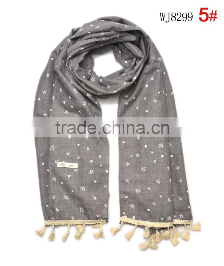 Hot Selling Star Printed Tassel Lace Brim Sewed Boys Girls Kids Linen Cotton Scarf