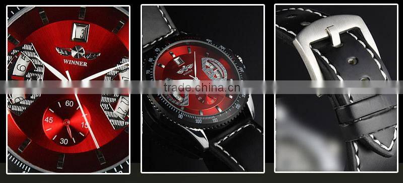 New Mens Red Dial Leather Strap Classic Design Self-Wind Up Mechanical Automatic Watch WM122