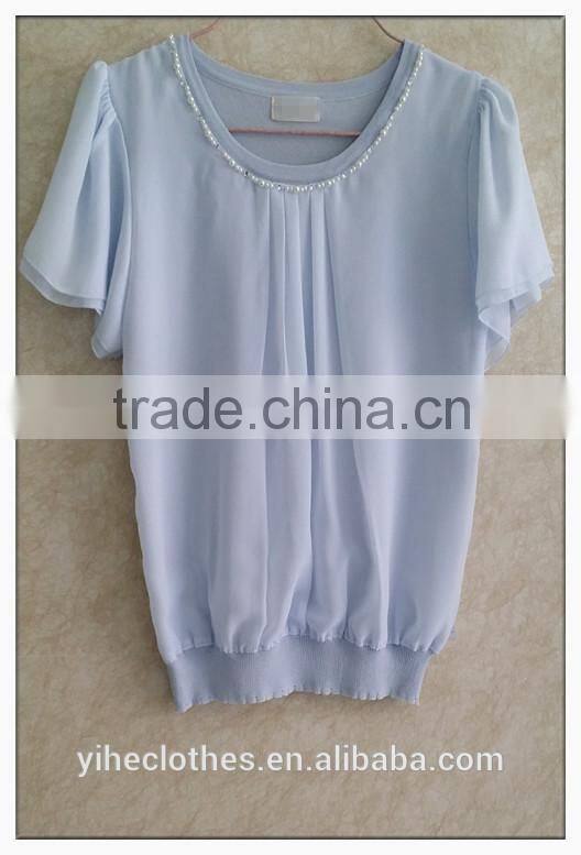 Simple chiffon T-shirt short sleeve knitting wear with chiffon stitching