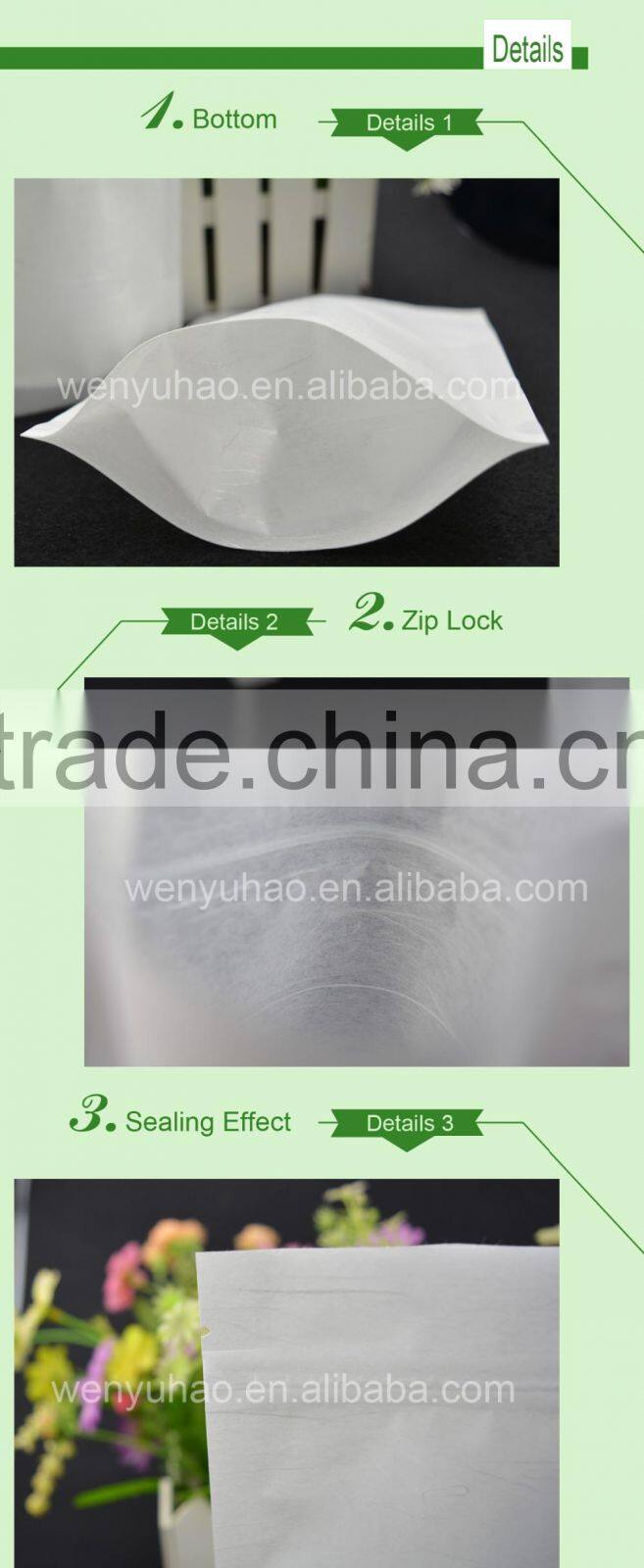 Pe Inside Resealable Food Storage Stand up Zipper Snack white Paper Packaging Bags with Tear Notch