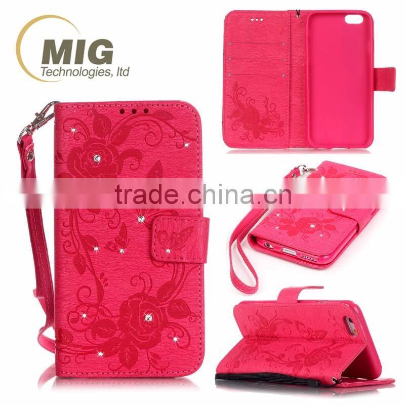 Diamond butterfly wallet leather case with strap with inside TPU phone case for iphone 6s 6s plus