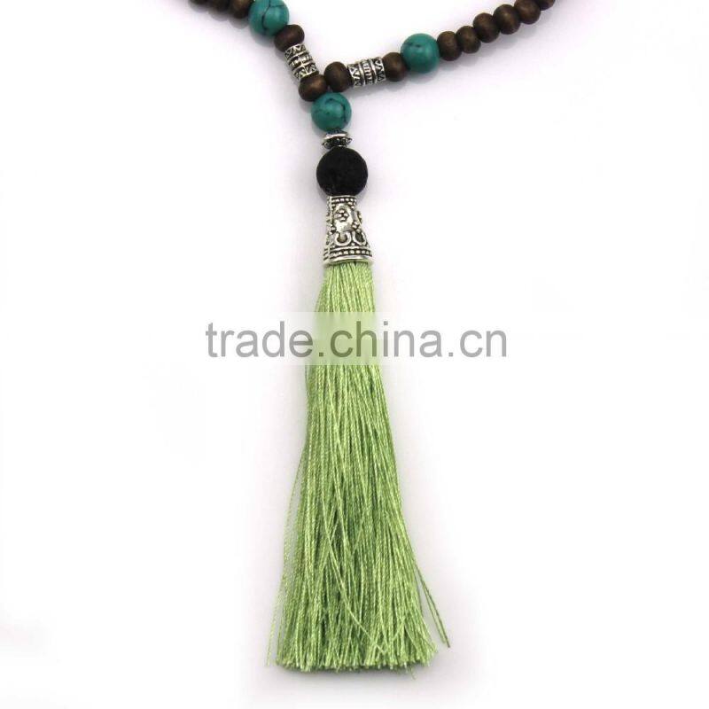 Original Natural Carbonado Jade Beaded Chain Long Green Tassel Necklaca