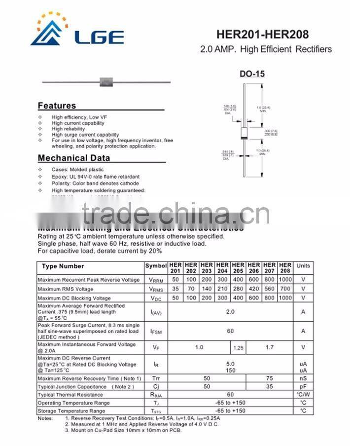 HER207 high efficiency diode 2.0A 800V DO-15