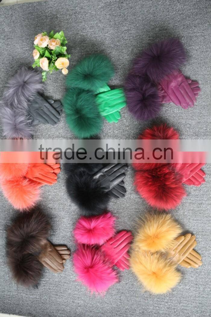 women classic elegant raccoom fur cuff trim sheep leather gloves