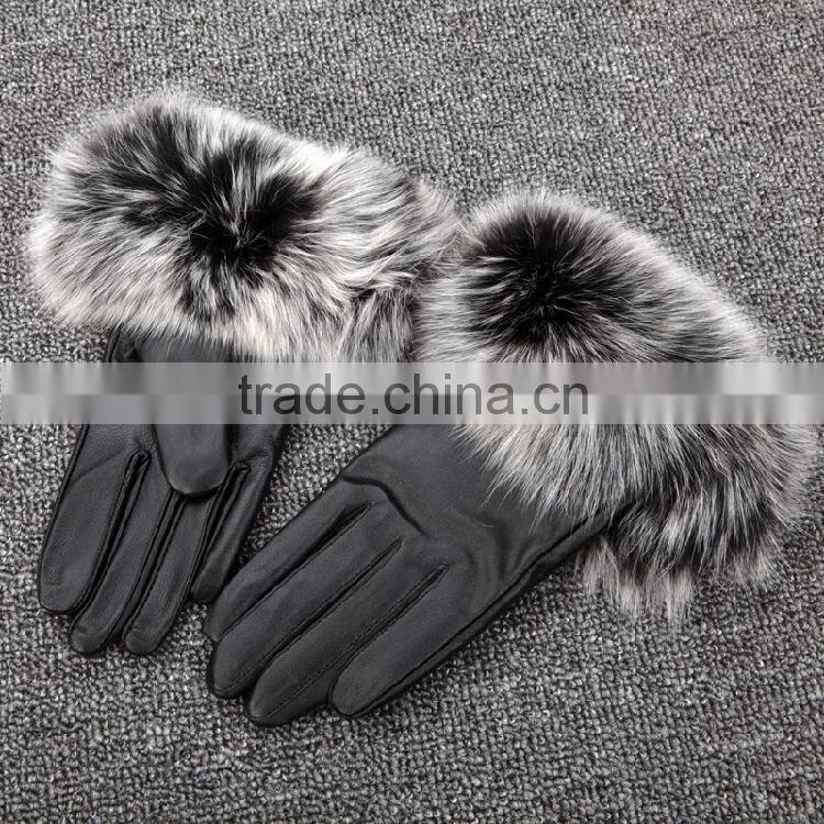 Winter Leather Car Driving Gloves Flannelette Inside With Fox Fur Double Face Sheepskin