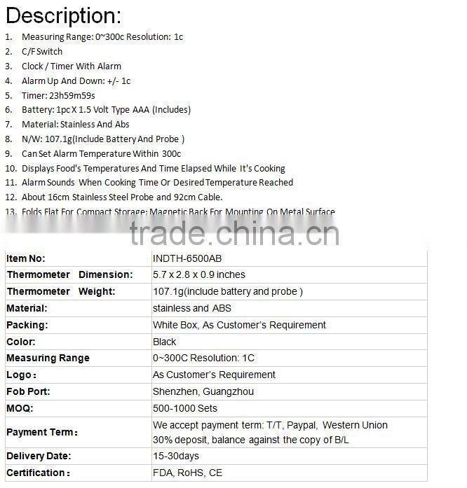 Digital Meat Timer and Thermometer Probe For Cooking in Oven, Smoker, Grill or BBQ