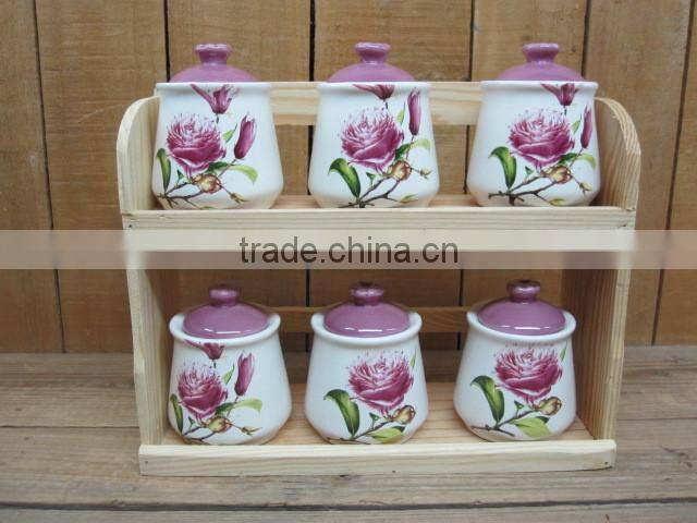Kitchen condiment spice jar set with wood stand