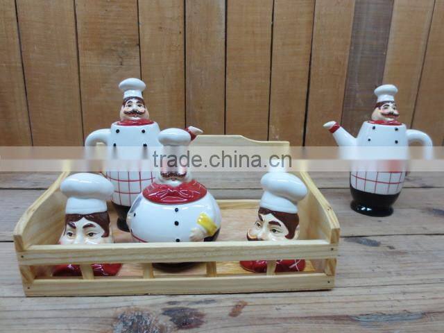 cute chef emboss ceramic salt and pepper shaker with wooden stand
