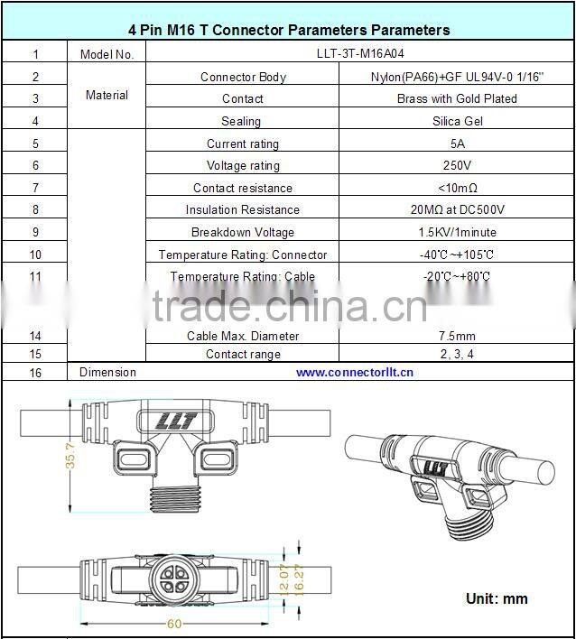 LLT Hot Sales M16 wire distributor led lighting system waterproo T connector