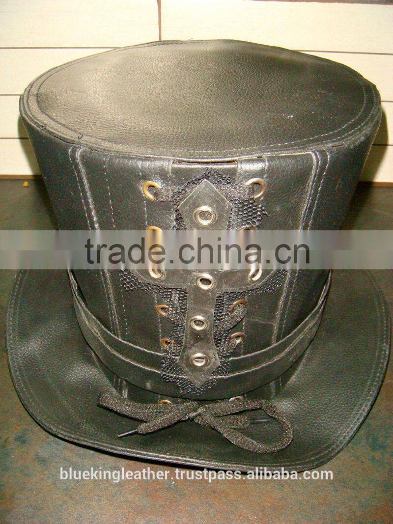 BLACK LEATHER STEAM-PUNK GOTHIC CORSET MEN'S & WOMEN' TOP HAT
