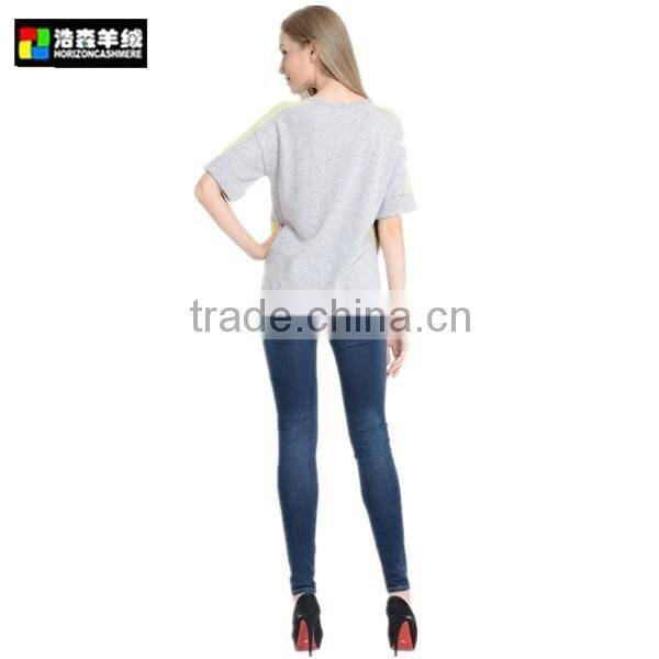 Roll Neck Short Sleeve Pullover with Pea Green Stripe, Fancy Grey Half Sleeve Cashmere Pullover