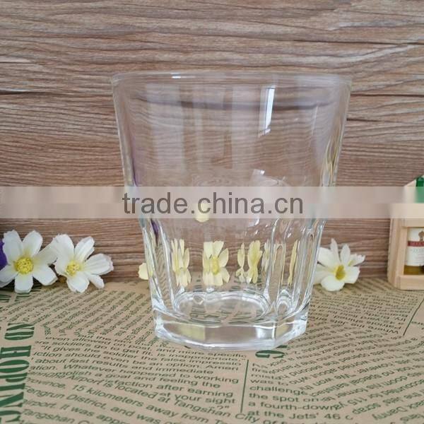 Clear glass tumbler with 280ML capacity and 14 angles bottom