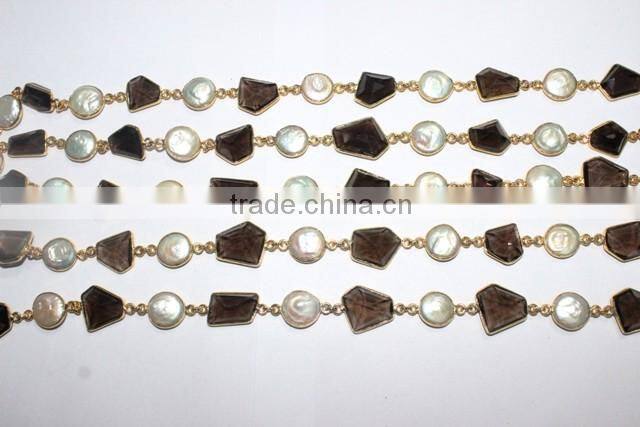 Smoky Quartz Fresh water Pearl Fancy Bezel Setting Chain