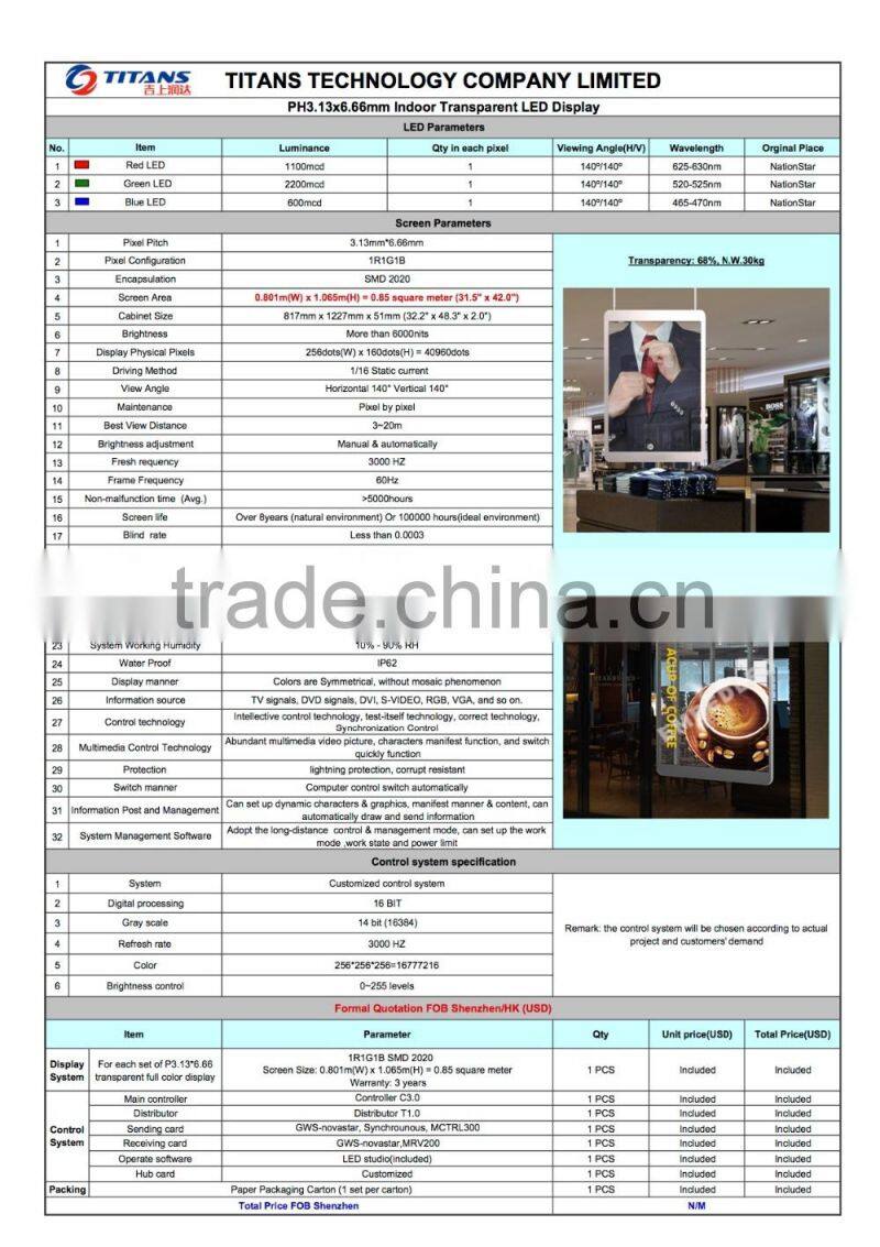 Transparent LED display glass wall window transparent led video screen