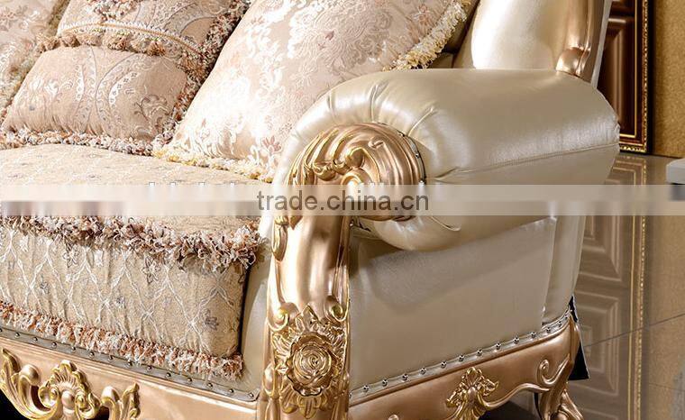 Luxury European style solid wood golden carving genuine leather back matching fabric seat living room corner sofa set