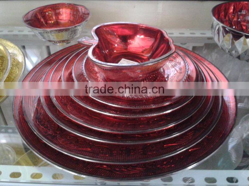 gold color glass plate set with apple bowl