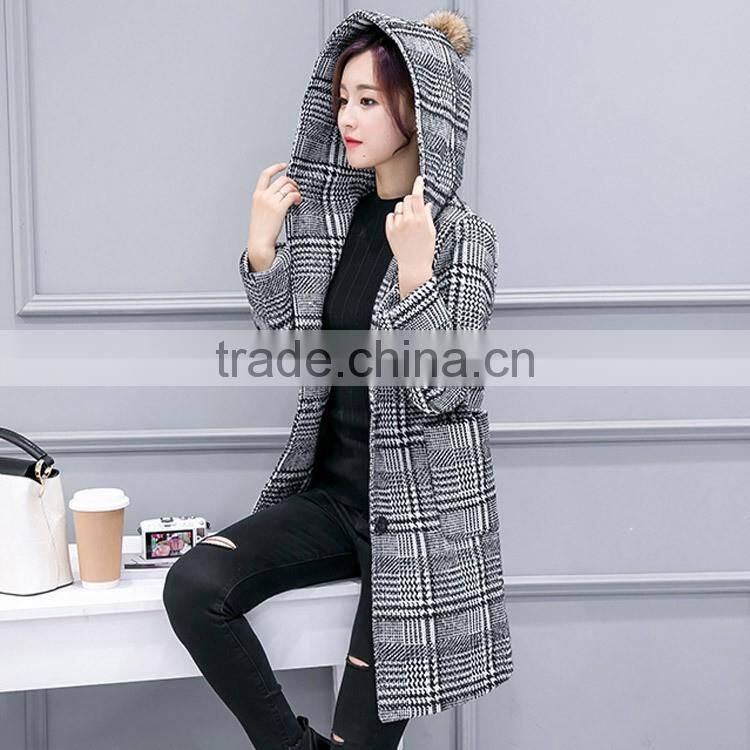 2016 Winter Ladies Black Long Plaid Wool Coat for Women and ladies