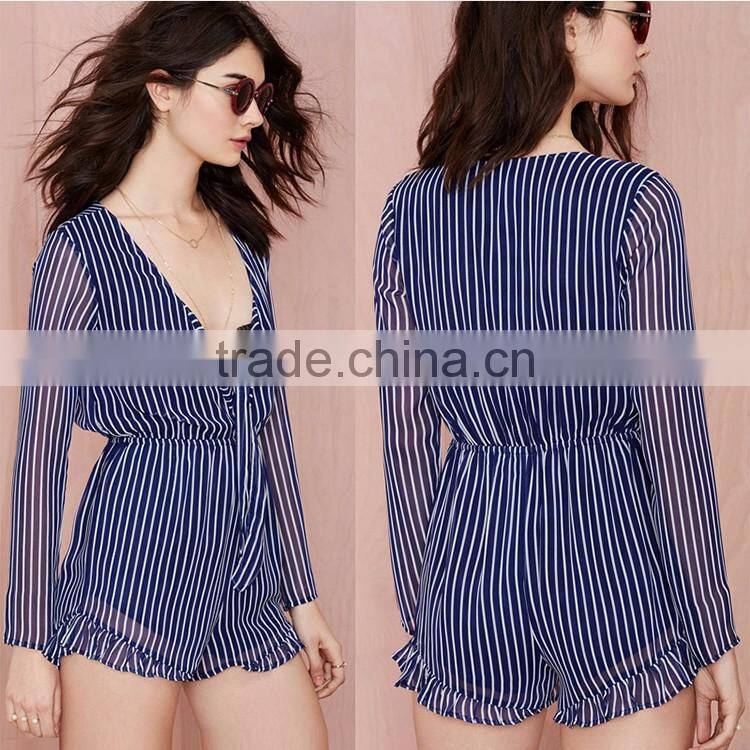 HAODUOYI Women Sexy Deep V Blue Stripe Chiffon Short Jumpsuit Fold Playsuits for Wholesale