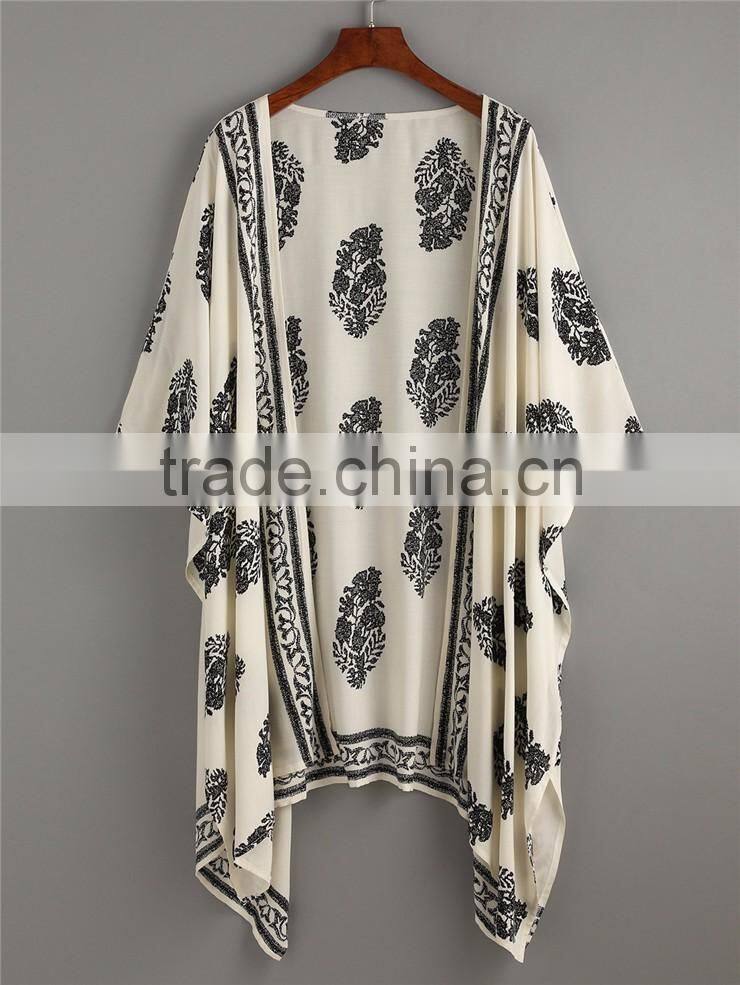 Custom Design Women Beachwear Half Loose Sleeve Beige Vintage Pattern Print Kimono