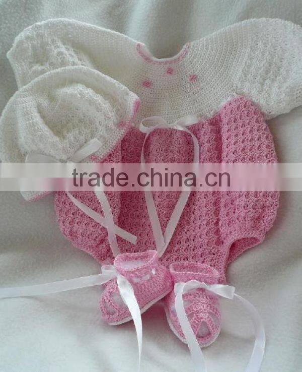 Ribbon Pattern with Hat and Shoes Handmade Baby Dress Crochet