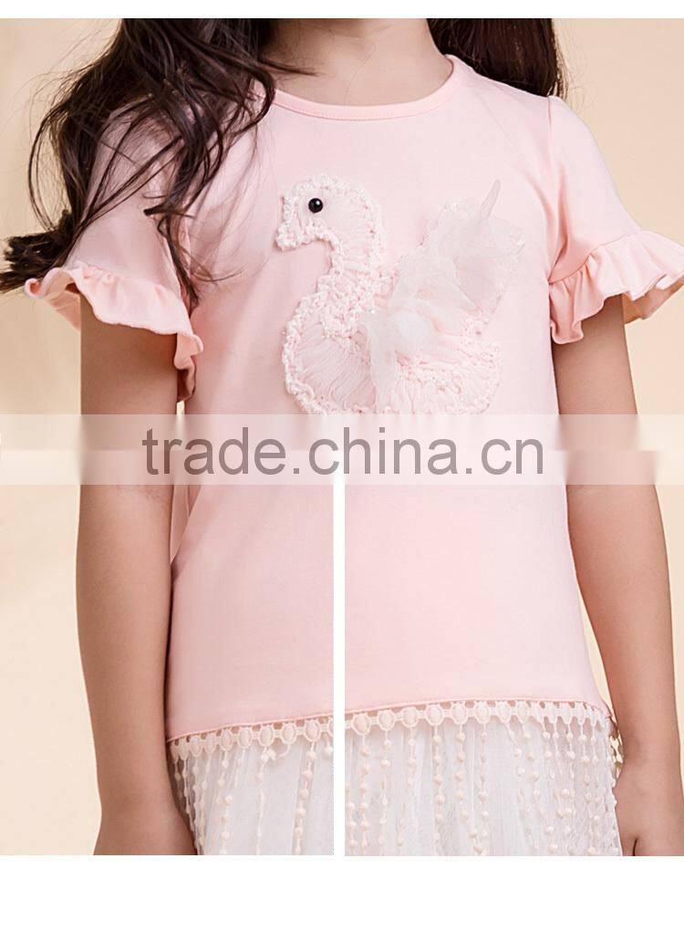 Summer Latest Designs Girls Ruffle Sleeve T Shirt With Lovery Embroidery Pattern