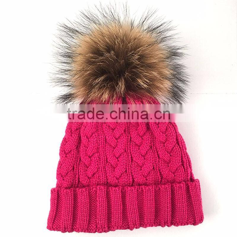 Myfur Hot Pink Knitting Hat with Real Genuine Raccoon Fur Bobble