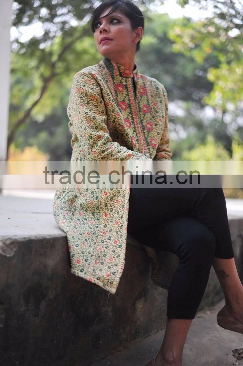 Vintage Kantha Long Accent Jacket in Beautiful Green, Pink & Cream Floral Print ~ Large