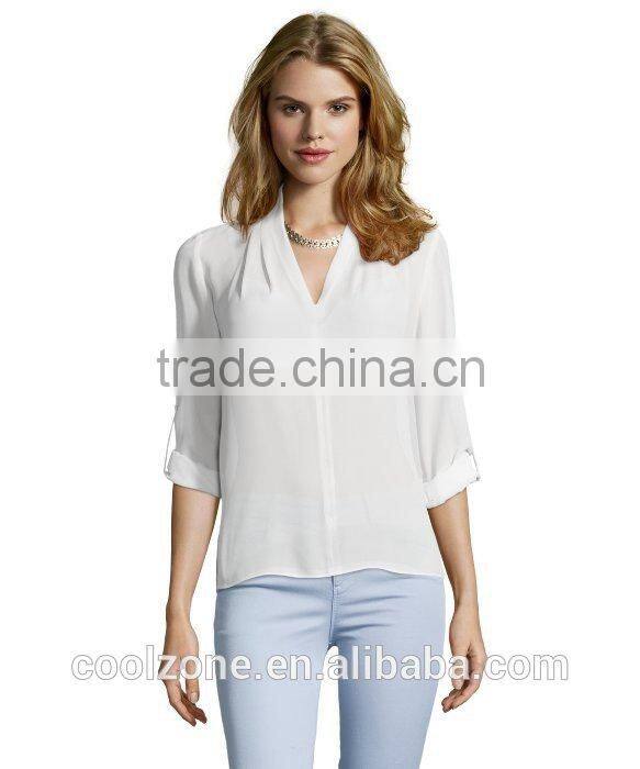 100% Polyester long sleeve v neck blouse Hi-low woman blouse