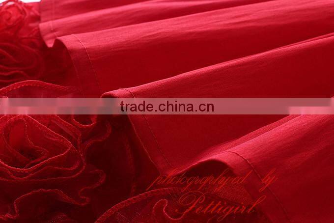 Hot Selling Red Girls Dresses Decorated With Big Flower Fashion Solid Kids Vestido Wholesale Child Wear