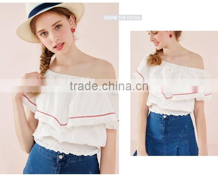 2017 latest fashion design lotus leaf sleeve sexy ladies top women blouse for wholesale